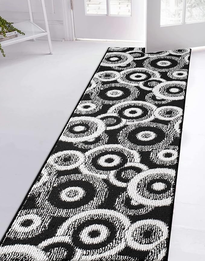 Custom Length Cut to Size Modern Farmhouse Carpet Runner Rug for Hallways, Non Slip Rubber Backed, 31 inch Wide X Customized Length, Geo Black, 31 inch X 15 feet