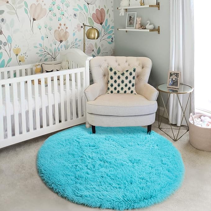 Amdrebio Blue Round Fluffy Shag Area Rug 5Ft - Image 5