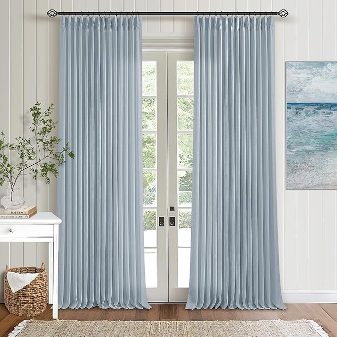 Dusty Blue Linen Pinch Pleated Curtains 108 Inches Long 2 Panels | Semi Sheer - Image 7