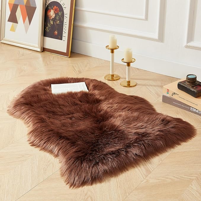 AMTOVO Faux Fur Rug, Coffee Small Area Rug, Fluffy Sheepskin Rug, Fuzzy Ultra - Image 3
