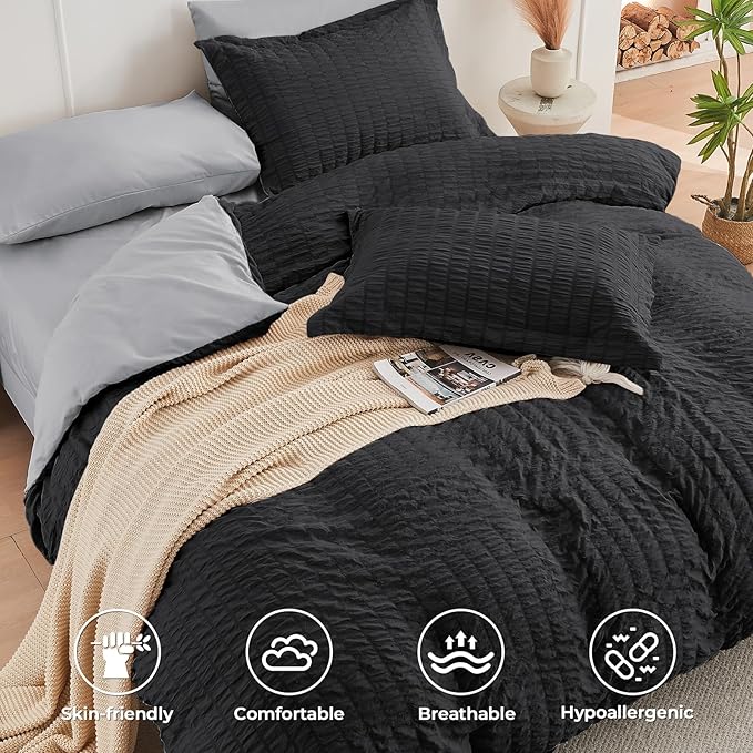 HYMOKEGE Black/Light Grey King Size Comforter Set Seersucker 7 Pieces, All Season Luxury Bed in a Bag for Bedroom, Bedding Set with Comforter, Sheets, Pillowcases & Shams