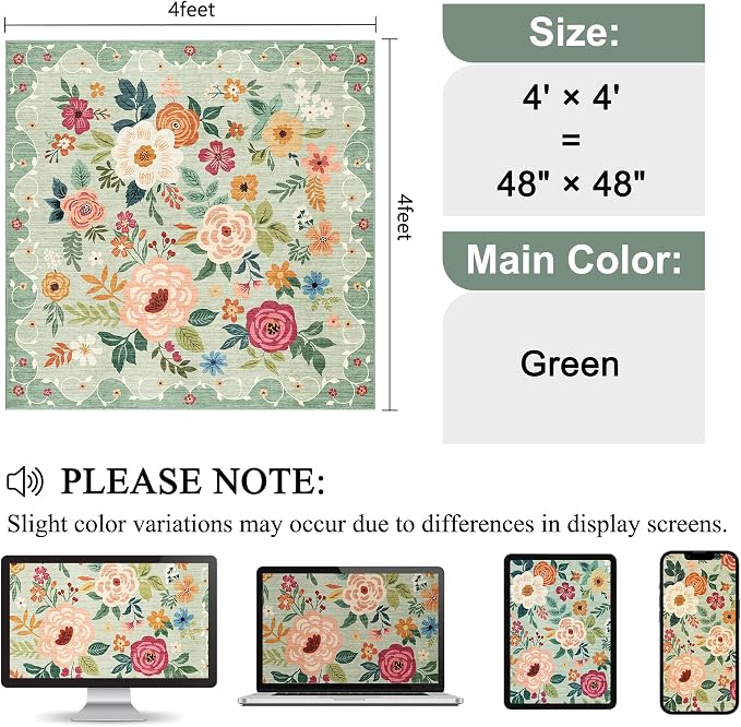 DUKINO 4x4 Square Area Rug, Soft Floral Washable Rug - Image 2
