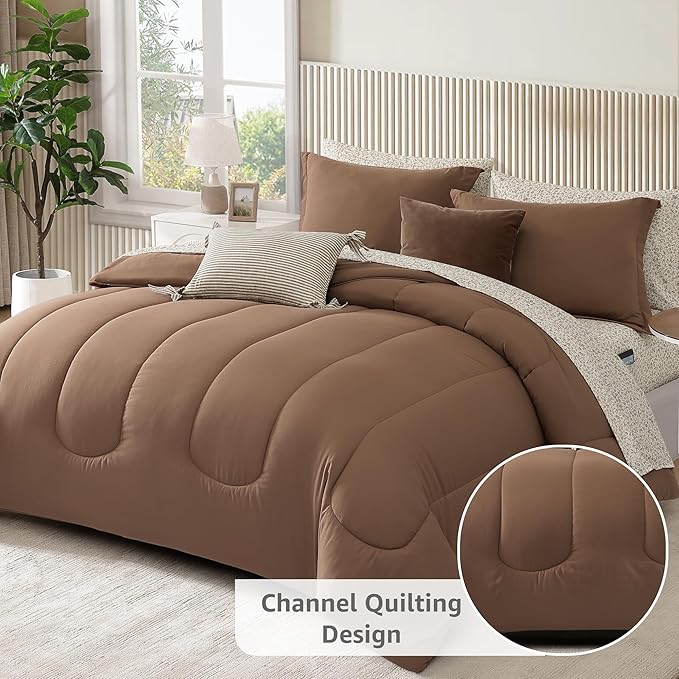 Monbix Full Comforter Set - 7 Pieces Brown Bed in a Bag Full Size Track Stitching Bedding Sets, All Seasons Down Alternative Comforter with Sheets,Pillowcases & Shams
