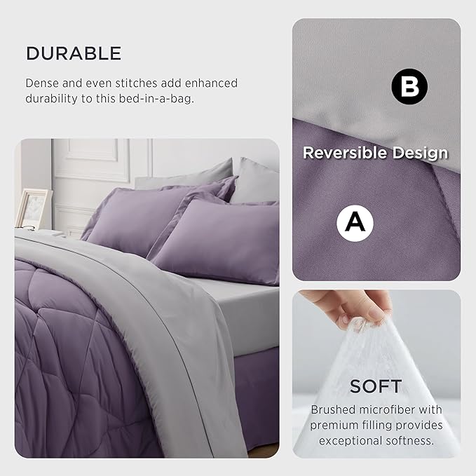 Bedsure Twin XL Comforter Set - 5 Pieces Reversible Grayish Purple Bedding, Twin XL Size Bed Set for All Seasons, Bed in a Bag with Down Alternative Comforter, Sheets, Pillowcase & Sham
