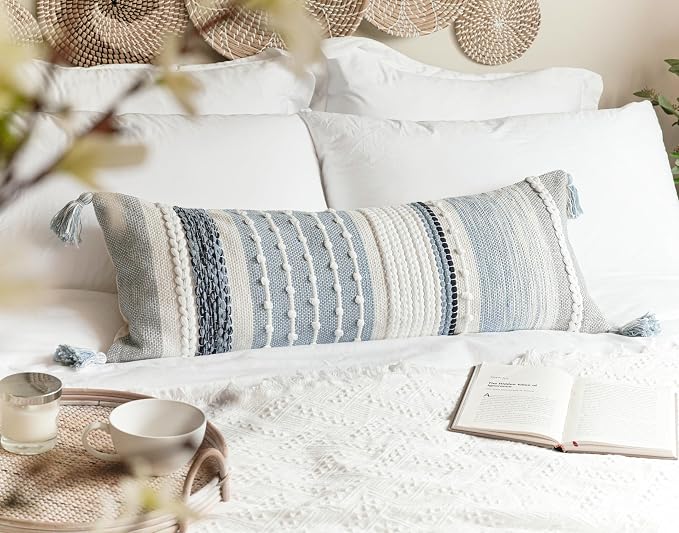 Coastal Blue Decorative Lumbar Pillow Cover 14x36 Boho Long Body Pillow - Image 8