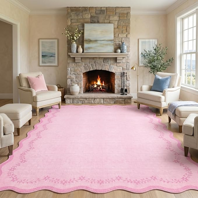 GarveeHome Scalloped Area Rugs 8x10 Large Pink Washable Living Room Rug | Soft by GarveeHome