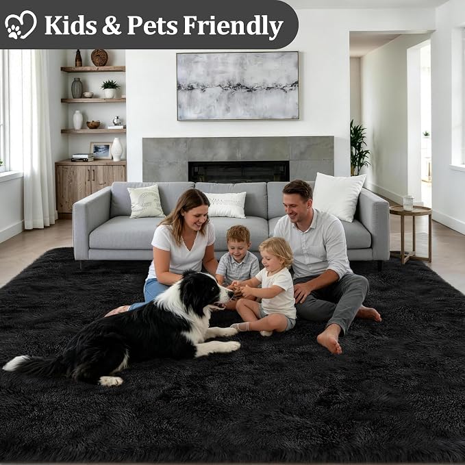 Area Rug Living Room Bedroom: 6x9 Fluffy Plush Shag Carpet Black | - Image 4