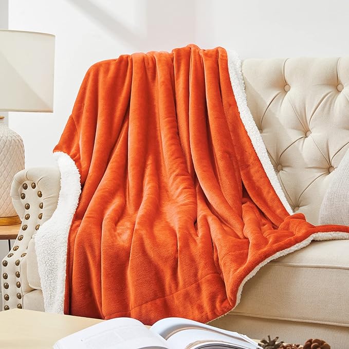 Walensee Sherpa Fleece Blanket (Queen Size 90”x90” Orange) Plush Throw Fuzzy Super Soft Reversible Microfiber Flannel Blankets for Couch, Bed, Sofa Ultra Luxurious Warm and Cozy for All Seasons