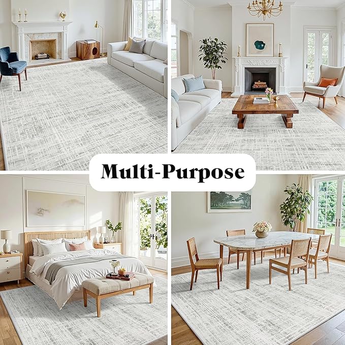 10x14 Washable Area Rug for Living Room Bedroom: Non-Slip Modern White Gray | - Image 3