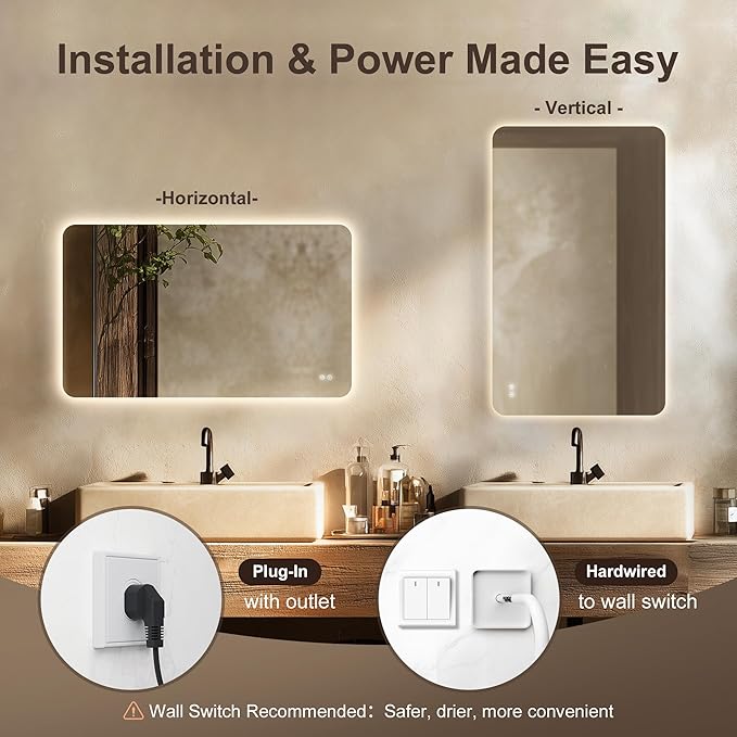 40‘’x30'' Lighted Mirrors for Bathroom Wall Backlit Rectangular Rounded Corners, LED Bathroom Mirror Frameless with Lights Anti Fog, Dimmable, 3 Colors,Tempered Glass, Shatter-Proof (Color 2)