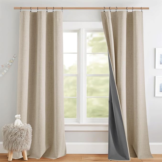 NICETOWN Beige Full Blackout Back Tab Linen Curtains 84" Long 2 Panels Set by NICETOWN