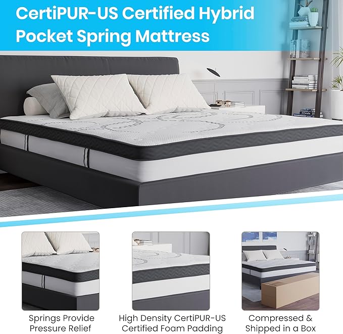 Flash Furniture Capri Comfortable Sleep 10 Inch CertiPUR-US Certified Hybrid Pocket Spring Mattress, King Mattress in a Box, White