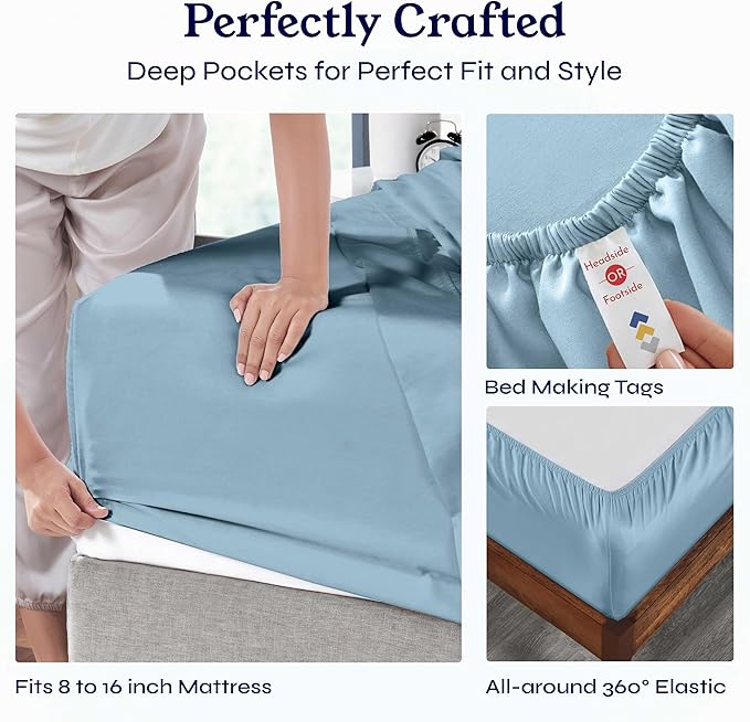 California Design Den Full Size Bed Sheets Set - Soft 400 Thread Count Sateen, Natural 100% Cotton Sheets with Deep Pockets, Breathable, Cooling and Durable Bedding Set - Sky Blue