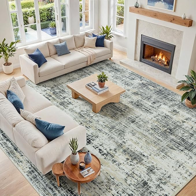 10x12 Washable Area Rug for Living Room Bedroom: Non-Slip Modern Black Gray | by Oriannal