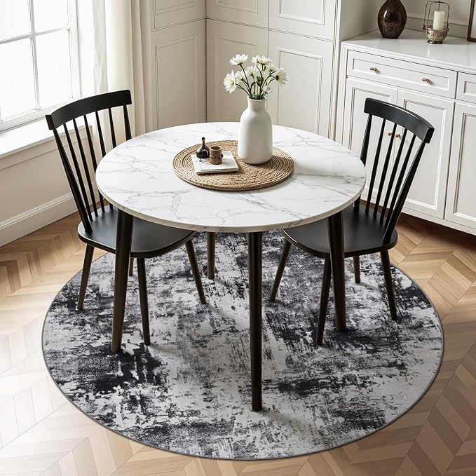 Rugflix Round Area Rugs 4Ft for Living Room, Washable Black Grey Circle Rug | - Image 2