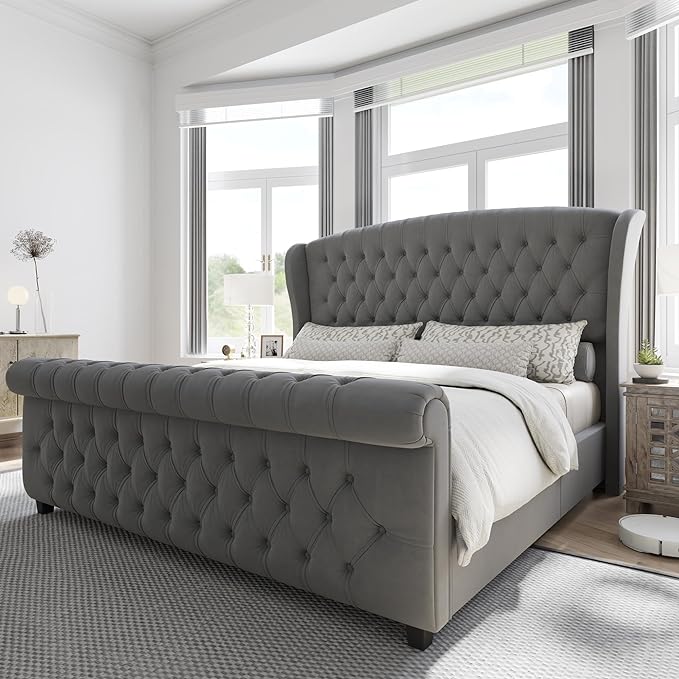 AMERLIFE Queen Size Platform Bed Frame, Velvet Upholstered Sleigh Bed with Scroll Wingback Headboard & Footboard/Button Tufted/No Box Spring Required/Grey