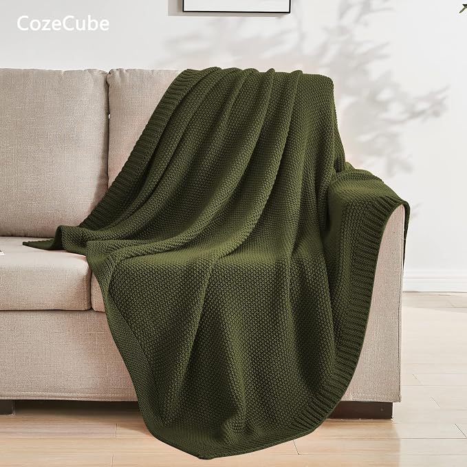 CozeCube Olive Green Seed Stitch Throw Blanket 50"x60", Farmhouse Decor | - Image 3