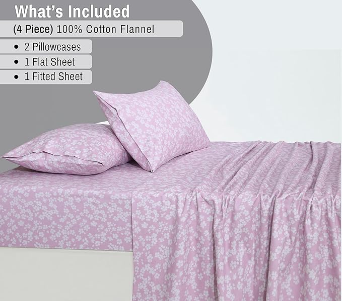 RUVANTI Flannel Sheets California King Size - 100% Cotton Brushed Cal King Bed Sheets Set - Deep Pockets 14 Inches - All Seasons Breathable & Extra Soft - Warm & Cozy, 4 Piece, Pink Flora