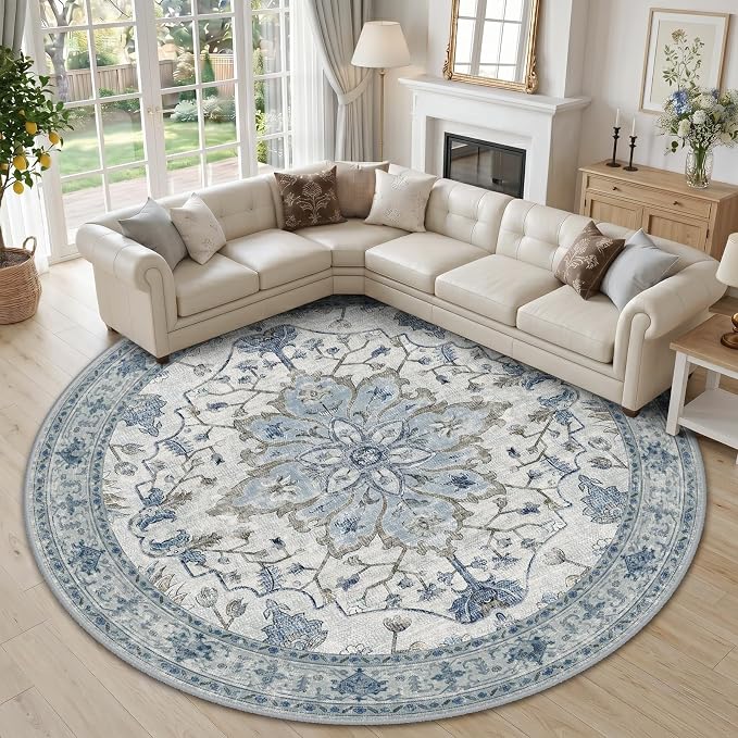 RELEANY Washable Area Rug, Round 10ft, Water Repellent, Pet Friendly, Vintage by RELEANY