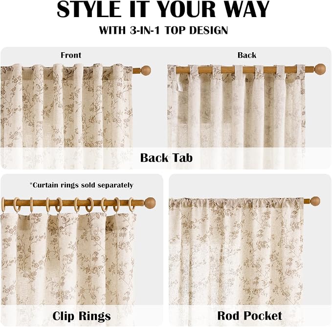 Extra Long Taupe Vintage Floral Linen Curtains Farmhouse 2 Panels | Elisa - Image 5