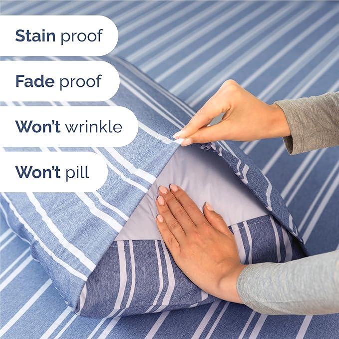 Full 6 Piece Sheet Set - Comfy Breathable & Cooling - Soft Hotel Luxury Bedding Set with 8-16 Inch Deep Pockets - 1 Flat & 1 Fitted Sheet & 4 Pillowcases - Wrinkle Free & Easy Care - Blue Stripes 3