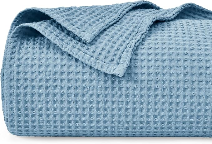 PHF Pre-Washed Cotton Waffle Weave Blanket Throw Size for Couch Bed,Snag Proof for Spring Summer Lightweight Breathable,Oeko-TEX Certified,Machine Washable, Home Decor Gift，Dusty Blue