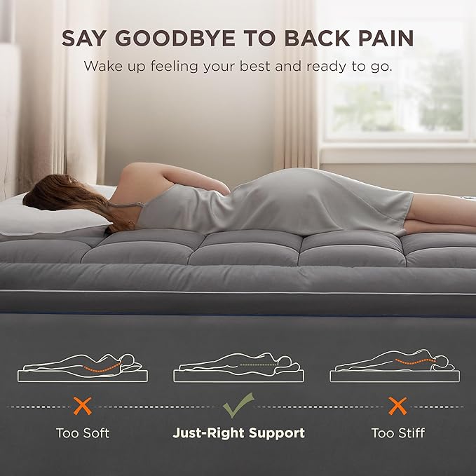 Bedsure Mattress Topper Queen - Pillow Top Mattress Pad Cover with Deep Pocket Fits up to 21 Inches, Plush Soft Bed Topper for Back Pain Relief, Overfilled with Down Alternative Filling, Grey