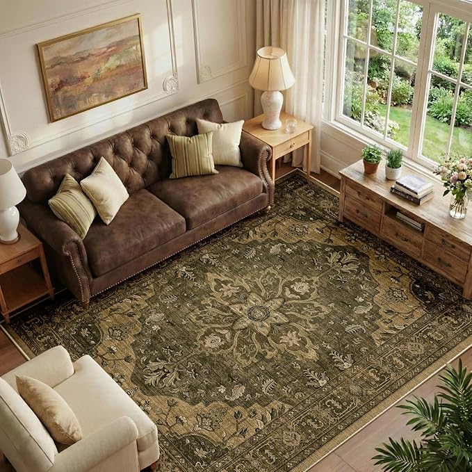 RELEANY Washable Area Rug, Water Repellent, Pet Friendly, Vintage Floral Boho by RELEANY