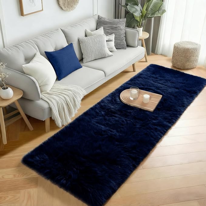 Navy Blue Runner Rug 2x6 Fluffy Dark Blue Bedside Rugs - Image 4