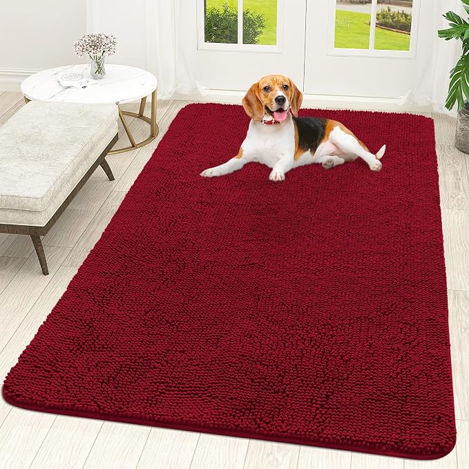 OLANLY Dog Door Mat for Muddy Paws 59x35, Super Absorbent Chenille Mud Mat | Red by OLANLY