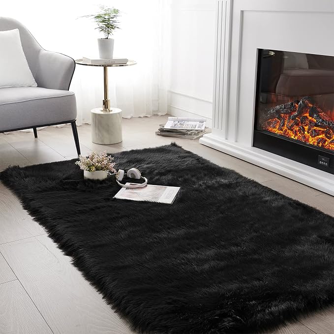 SERISSA 4x6 Fluffy Black Faux Fur Area Rug by SERISSAHomeDecorCollection
