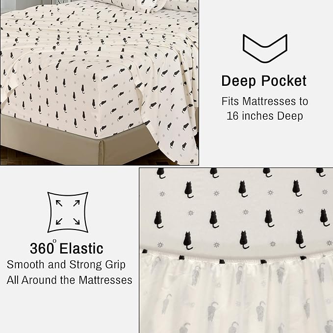 RUVANTI Flannel Sheets King Size - 100% Cotton Brushed King Size Sheets Set - Deep Pockets 16 Inches Bed Sheets - All Seasons Breathable & Extra Soft - Warm & Cozy, 4 Piece, Black Cat
