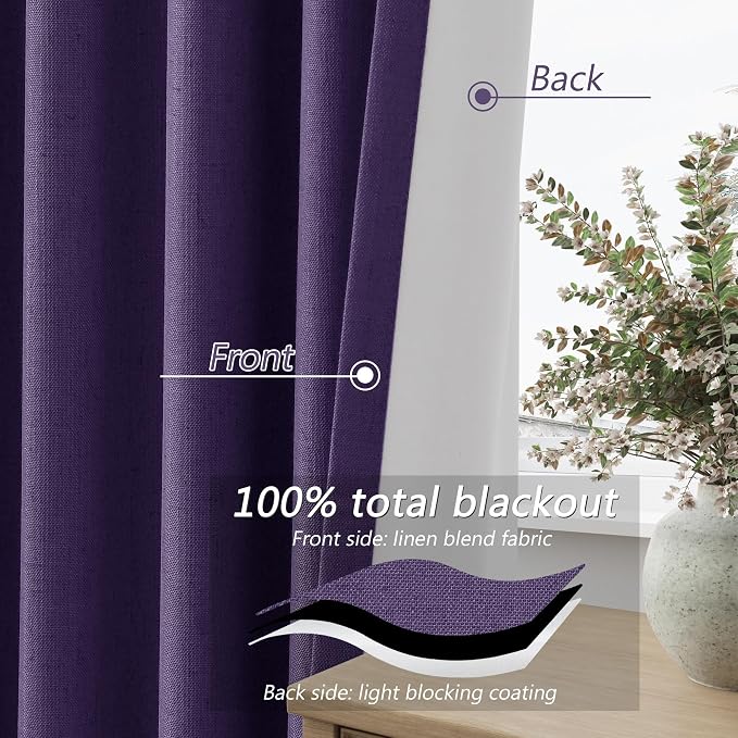New Purple 100% Blackout Linen Curtains 96 Inch Length 2 Panels Set - Image 4