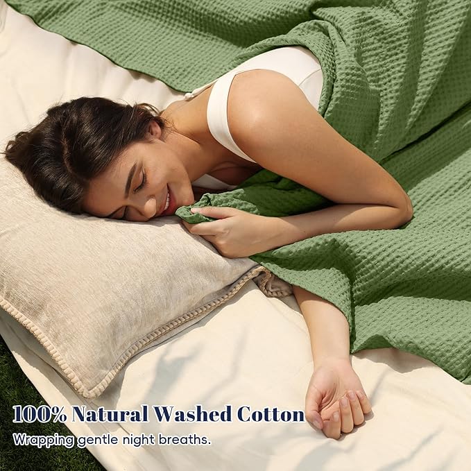 PHF 100% Cotton Waffle Weave Blanket Twin Size for Bed,Snag Proof Lightweight Breathable Moisture-Wicking for Couch,Great for Layering in Cold Weather,Machine Washable,Home Decor Gift-Loden Green