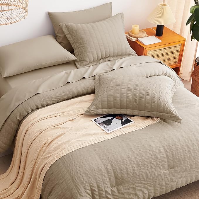 CozyLux King Size Comforter Set Taupe Seersucker 7 Pieces Bed in a Bag King Comforter Set with Sheets, Luxury Soft Bedding Set with Down Alternative Comforter, Sheets, Pillowcases & Shams All Seasons