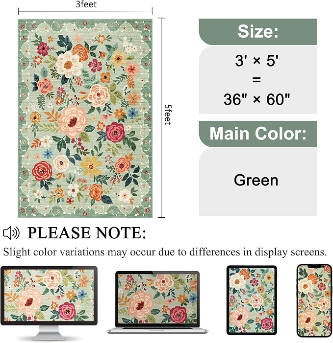 DUKINO 3x5 Area Rug, Floral Washable Rug - Image 2