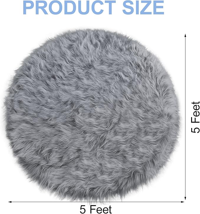 Faux Fur Rug, 5x5 Feet Grey Round Rugs - Image 2