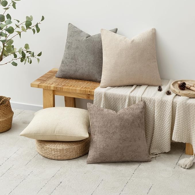 MIULEE Decorative Chenille Pillow Covers Neutral Beige 16x16 Pack of 4 | Modern - Image 4