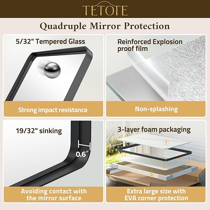 TETOTE Black Mirror 16 x 20 Matte Black Metal Framed Bathroom Mirror, Tempered Glass, Modern Farmhouse Wall Mounted Mirror for Decorative(Horizontal/Vertical)
