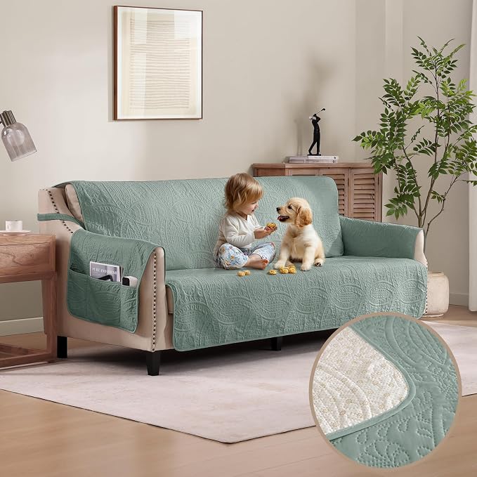 Soft Sage Quilted Couch Cover by Pamhaven
