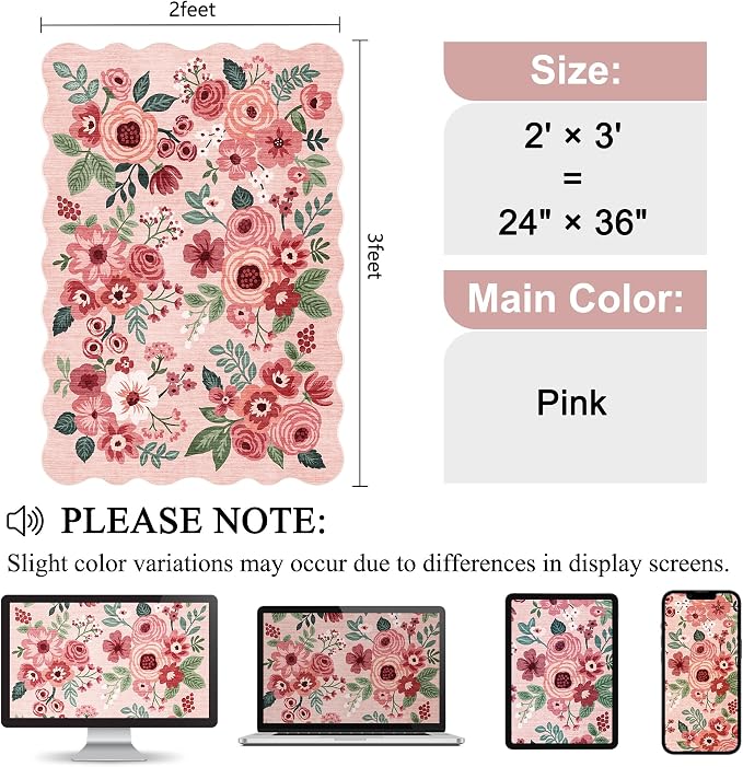 DUKINO 2x3 Rugs for Entryway, Floral Door Mat Washable Kitchen Rugs, Low Pile - Image 2
