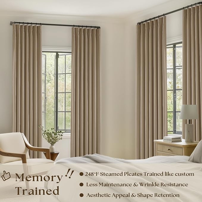 Light Brown Pinch Pleat 100% Blackout Linen Curtains 2 Layers 45 Inch Long | - Image 2