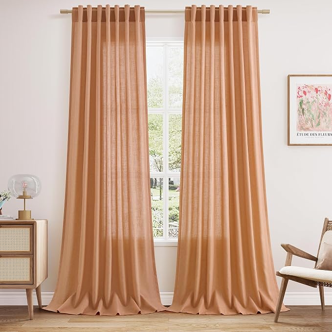 Peach Quartz Linen Curtains 108 Inch Length 2 Panel Set Back Tab Loop Pocket by Nanspring