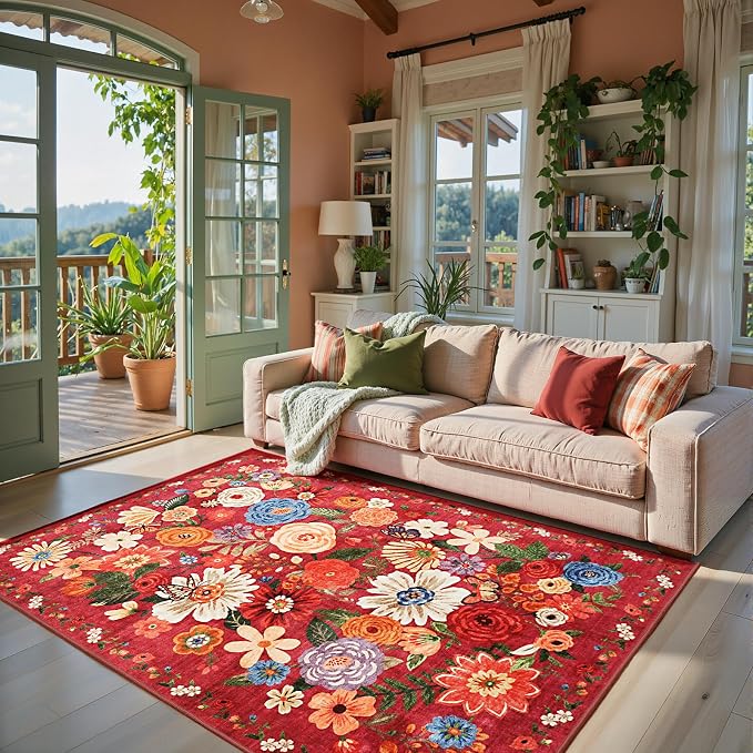 Red Garden Floral Area Rug 4x6 for Bedroom Dining Room | Boho Style; Low Pile; by WelcometoBabovid