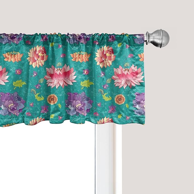 Ambesonne Floral Window Valance, Pattern with Lotus Flowers Peonies and Chrysanthemums Oriental Motifs Garden Art, Curtain Valance for Kitchen Bedroom Decor with Rod Pocket, 42" x 18", Teal