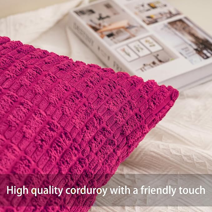 Pack of 2 Corduroy Decorative Throw Pillow Covers 12x20 Inch, Rose Red | Fall - Image 2