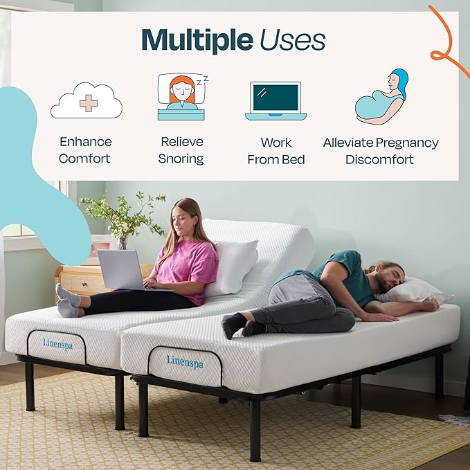 Linenspa Adjustable Bed Frame - Independent Head and Foot Incline - Powerful Quiet Motor - Easy Tool Free Assembly - Lounging - Watch TV - Working - Reading - Ergonomic - Electric Bed Base - Full Size
