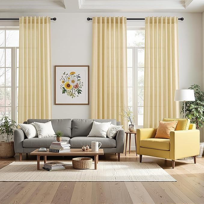 Extra Long 120 Inch Curtains for Living Room Cream Yellow Linen Modern - Image 7
