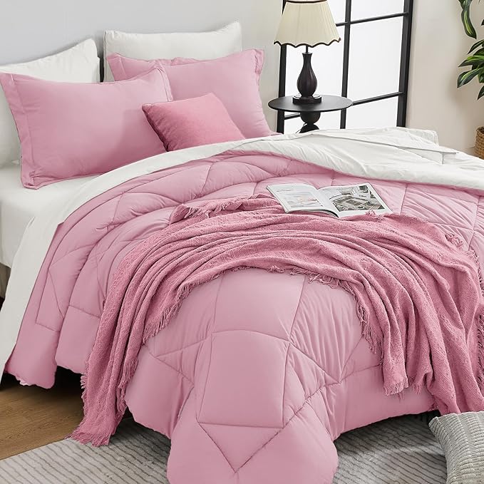 HEVUMYI Twin Comforter Set - 5-Piece All Season Bed in a Bag Twin, Ultra Soft Bedding Set with Comforter, Flat Sheet, Fitted Sheet, Pillowcases, Pillow Shams, Pink & Ivory