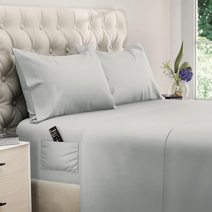 DREAMCARE California King Sheet Sets - Cooling Bed Sheets - 4pcs Set - up to 15" Deep Pocket Cal King Sheets - California King Sheets - Soft & Lasting 100% Brushed Polyester with Side Pocket - L Gray